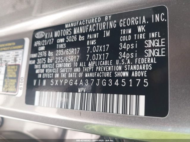5XYPG4A37JG345175 KIA Sorento 2.4l Lx