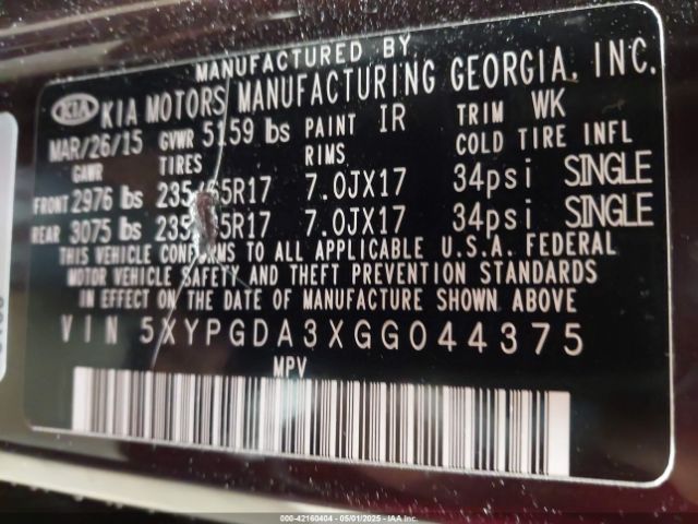 5XYPGDA3XGG044375 KIA Sorento 2.4l Lx