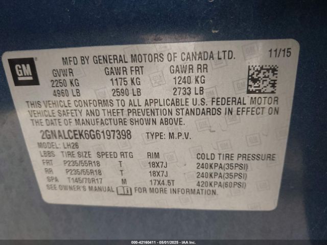 2GNALCEK6G6197398 Chevrolet EQUINOX LT