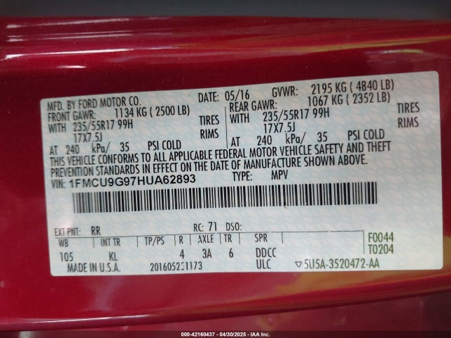 1FMCU9G97HUA62893 Ford ESCAPE SE
