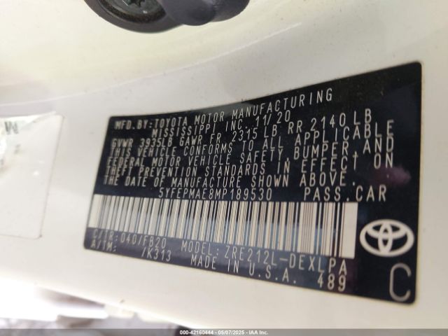 5YFEPMAE8MP189530 Toyota COROLLA LE