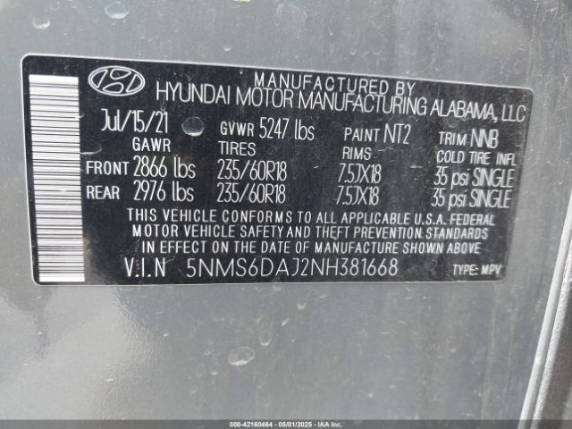 2022 HYUNDAI SANTA FE 5NMS6DAJ2NH381668 Photo 8