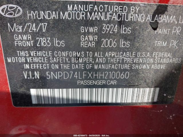 5NPD74LFXHH210060 Hyundai ELANTRA SE