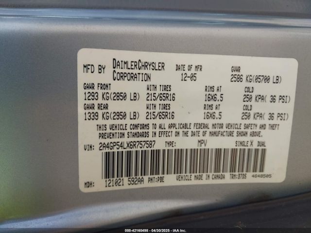 2006 CHRYSLER TOWN & COUNTRY 2A4GP54LX6R757587 Photo 8
