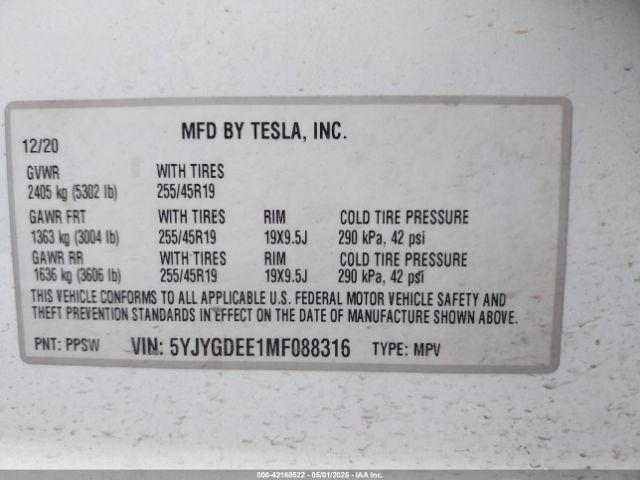 2021 TESLA MODEL Y 5YJYGDEE1MF088316 Photo 8