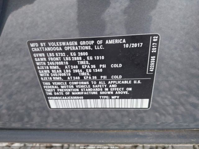 1V2DR2CA6JC535940 Volkswagen Atlas 3.6l V6 Se/3.6l V6 Se W/technology