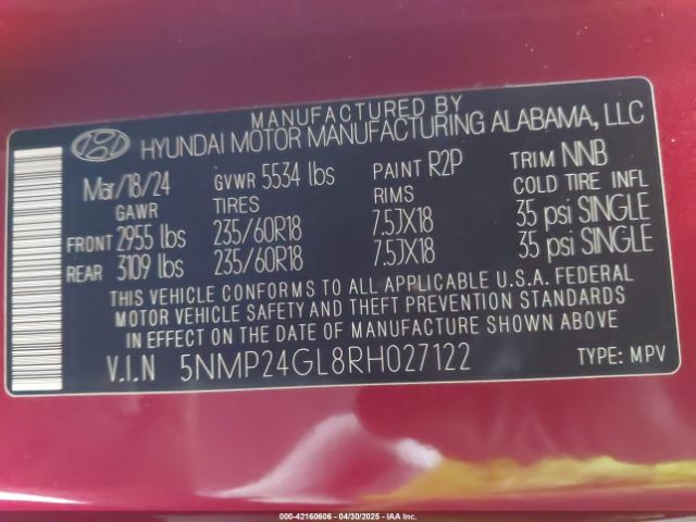 5NMP24GL8RH027122 Hyundai Santa Fe Sel