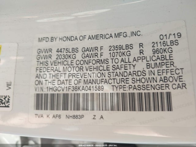 1HGCV1F36KA041589 Honda l15be