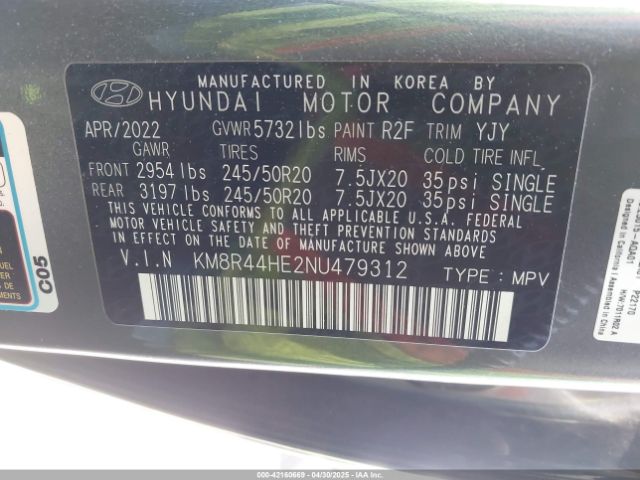 KM8R44HE2NU479312 Hyundai Palisade Sel