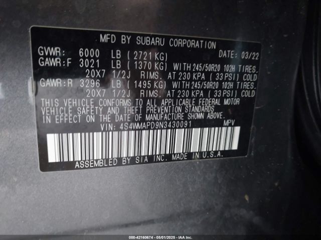 4S4WMAPD9N3430091 Subaru Ascent Limited