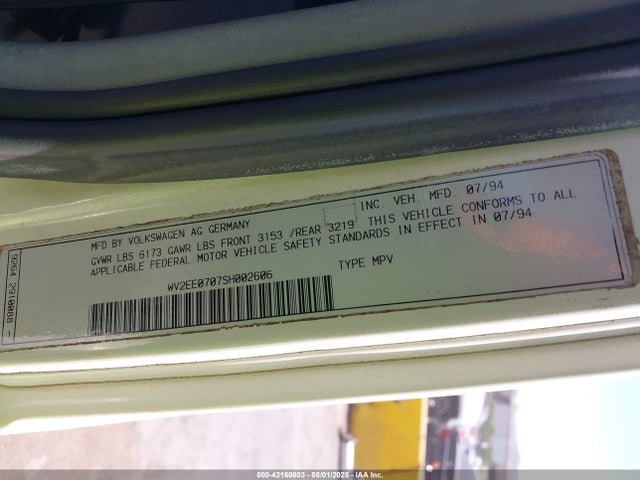 42160803 :رقم المزاد ، WV2EE0707SH002606 vin ، 1995 Volkswagen Eurovan Camper/transporter مزاد بيع