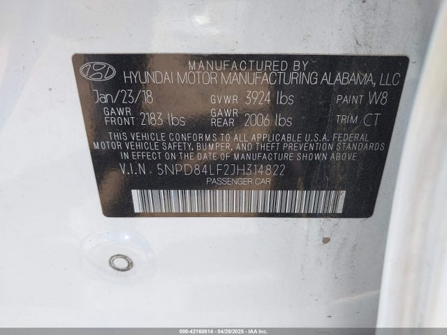 5NPD84LF2JH314822 Hyundai Elantra Sel/value/limited