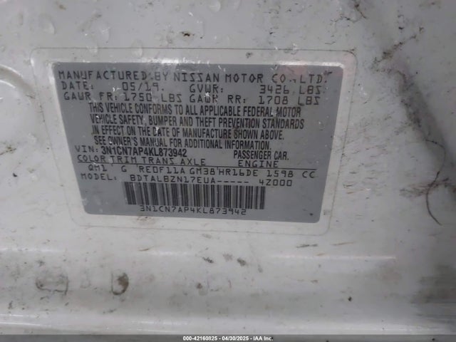 3N1CN7AP4KL873942 Nissan Versa 1.6 Sv