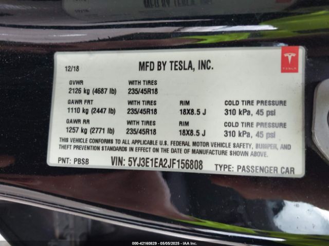5YJ3E1EA2JF156808 Tesla Model 3 Long Range/mid Range