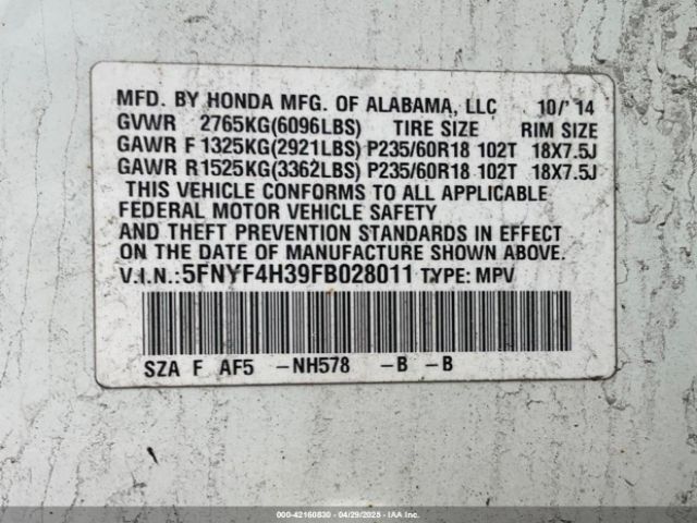 5FNYF4H39FB028011 Honda PILOT SE