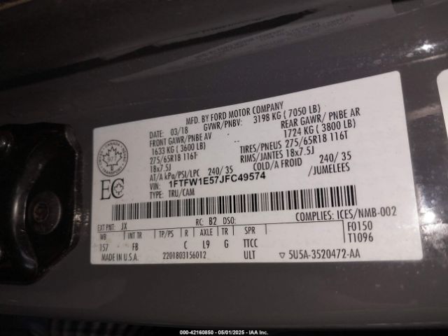 1FTFW1E57JFC49574 Ford F-150 Xlt