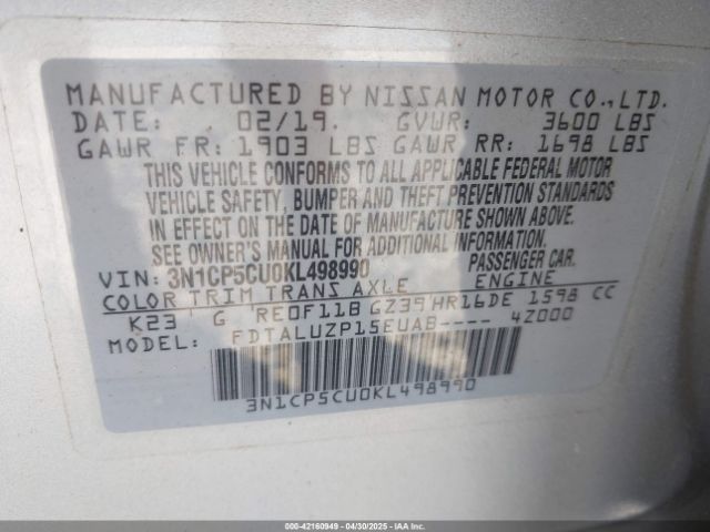 3N1CP5CU0KL498990 Nissan KICKS SR