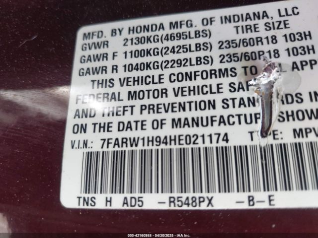 7FARW1H94HE021174 Honda Cr-v Touring
