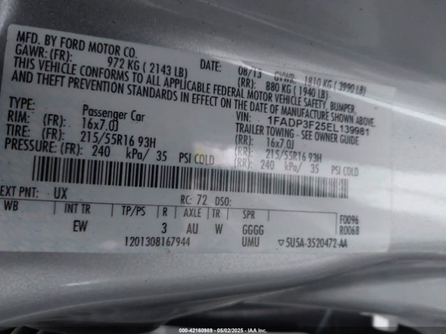 1FADP3F25EL139981 Ford FOCUS SE
