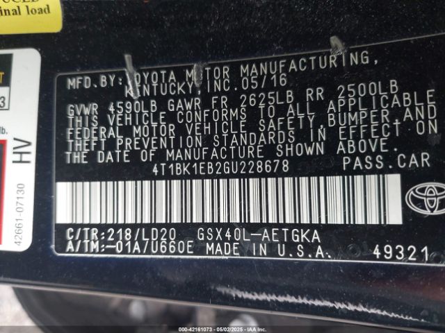 4T1BK1EB2GU228678 Toyota AVALON XLE