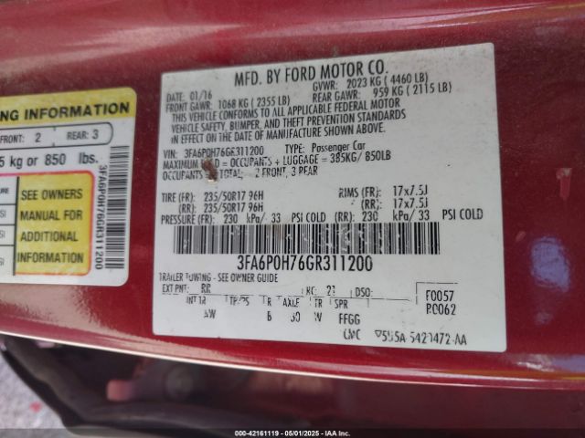 2016 FORD FUSION 3FA6P0H76GR311200 Photo 8