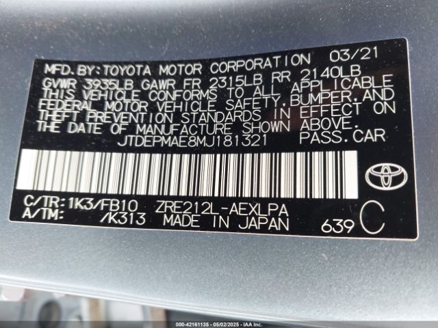JTDEPMAE8MJ181321 Toyota COROLLA LE
