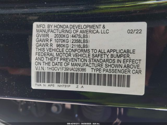 1HGCV1F39NA028386 Honda l15be