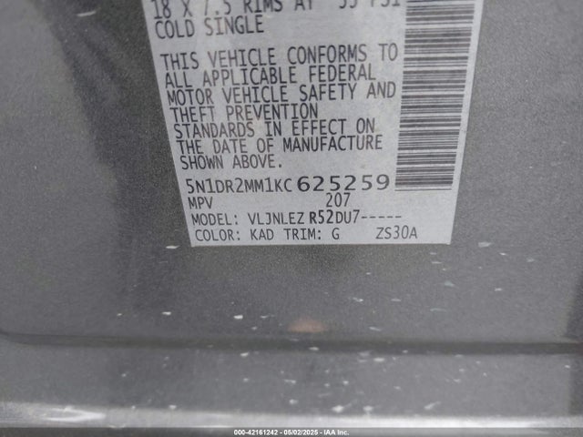 5N1DR2MM1KC625259 Nissan Pathfinder Sv