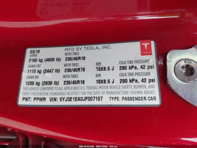 5YJ3E1EA0JF007197 Tesla Model 3 Long Range/mid Range
