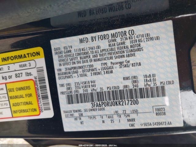2019 FORD FUSION HYBRID 3FA6P0RU0KR217200 Photo 8