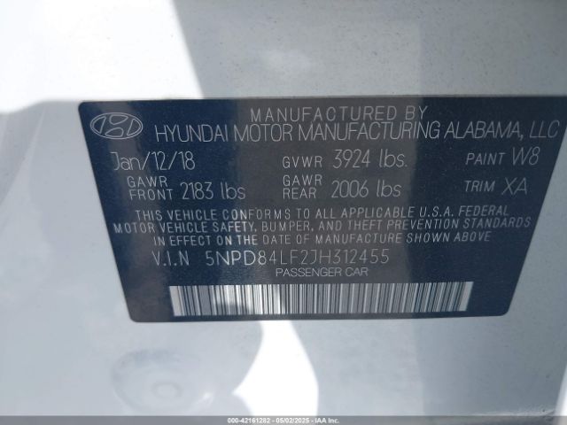 5NPD84LF2JH312455 Hyundai ELANTRA SEL