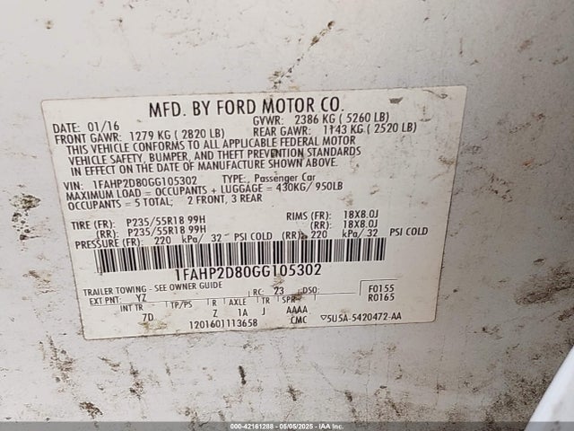 1FAHP2D80GG105302 Ford TAURUS SE