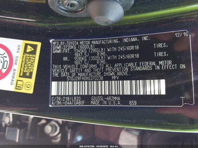 5TDJZRFH0HS370238 Toyota Highlander Xle