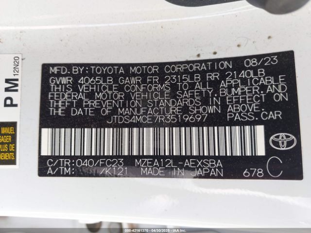 JTDS4MCE7R3519697 Toyota COROLLA SE