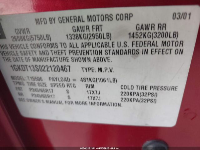 2002 GMC ENVOY 1GKDT13S022120467 Photo 8