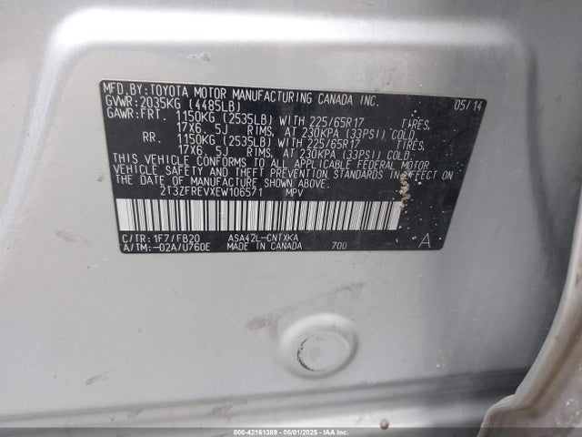 2T3ZFREVXEW106571 Toyota 2ar-fe