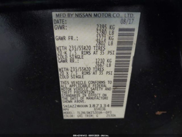 5N1AZ2MHXHN187134 Nissan Murano Platinum