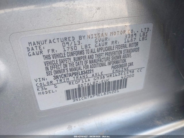 3N1CN7AP9EL834221 Nissan Versa 1.6 Sv