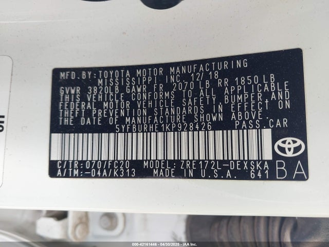 5YFBURHE1KP928426 Toyota 2zr-fe