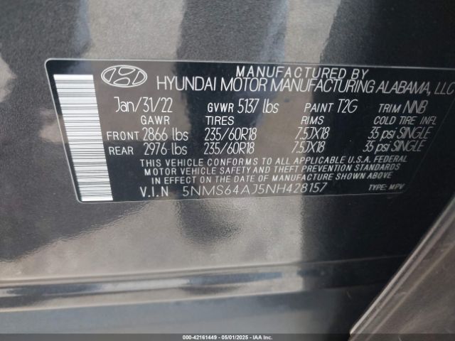 5NMS64AJ5NH428157 Hyundai Santa Fe Sel