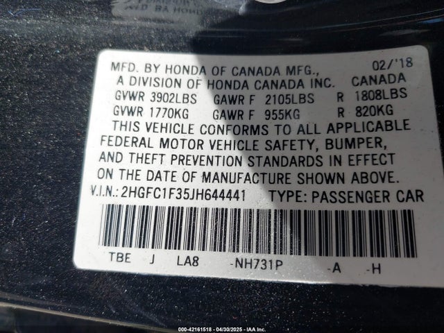 2HGFC1F35JH644441 Honda Civic Ex-t