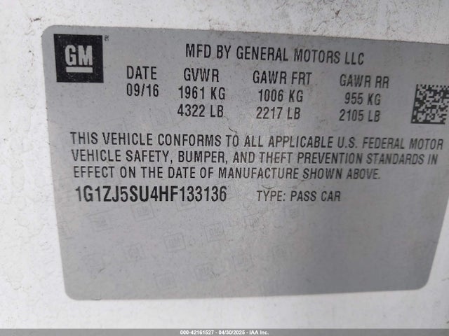 1G1ZJ5SU4HF133136 Chevrolet Lkn - Sidi: Spark Ignited Direct Injection, Vvt: Variable Valve Timing, Hybrid, Fam1, Gen4