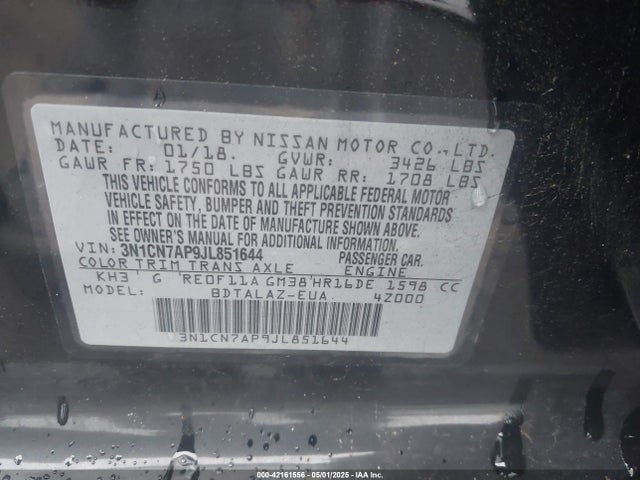 3N1CN7AP9JL851644 Nissan Versa 1.6 S+