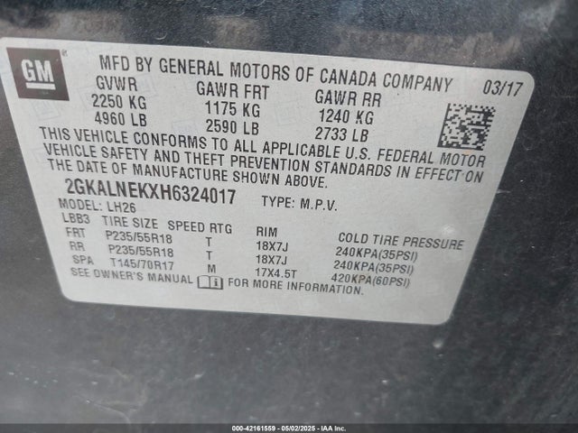 2GKALNEKXH6324017 GMC lea - sidi: spark ignited direct injection, e85 max, alum