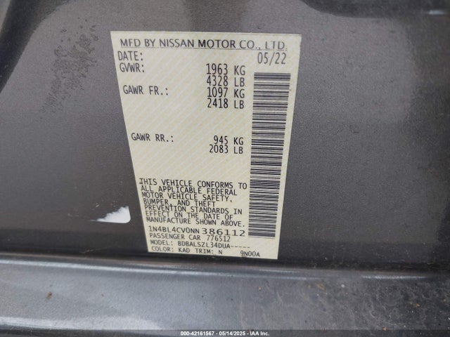 1N4BL4CV0NN386112 Nissan Altima Sr Fwd