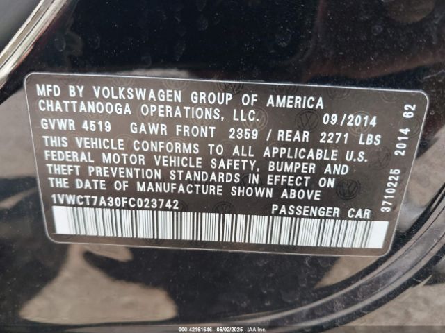 1VWCT7A30FC023742 Volkswagen Passat 1.8t Sel Premium