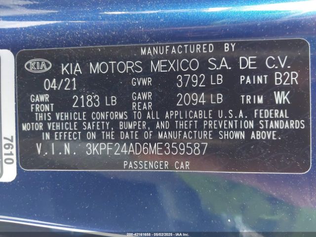 3KPF24AD6ME359587 KIA Forte Lxs