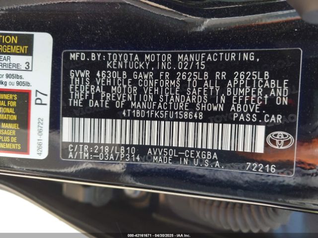 4T1BD1FK5FU158648 Toyota Camry Hybrid Xle