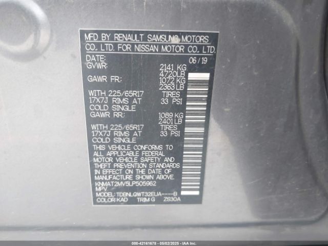 KNMAT2MV5LP505962 Nissan Rogue Sv Intelligent Awd