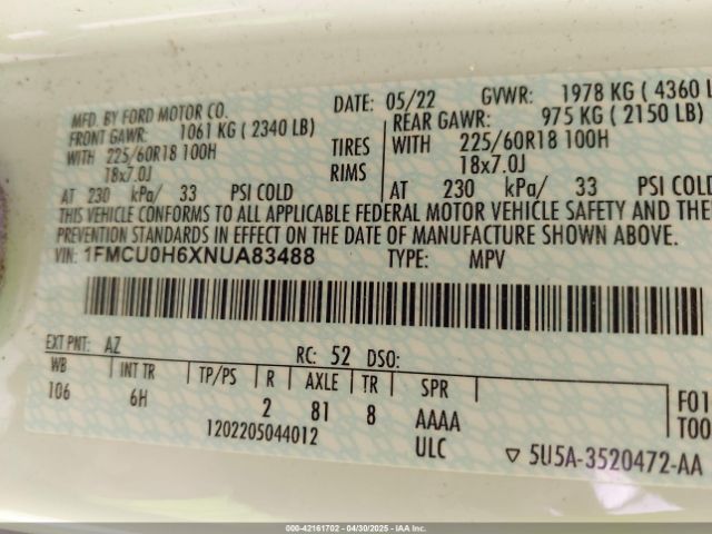 1FMCU0H6XNUA83488 Ford ESCAPE SEL
